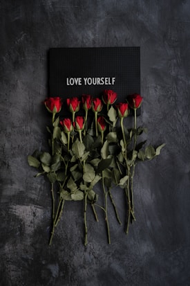 A series of red roses are arranged on a textured dark background. On top of the roses, there is a black board with the text 'LOVE YOURSELF' displayed in white letters.