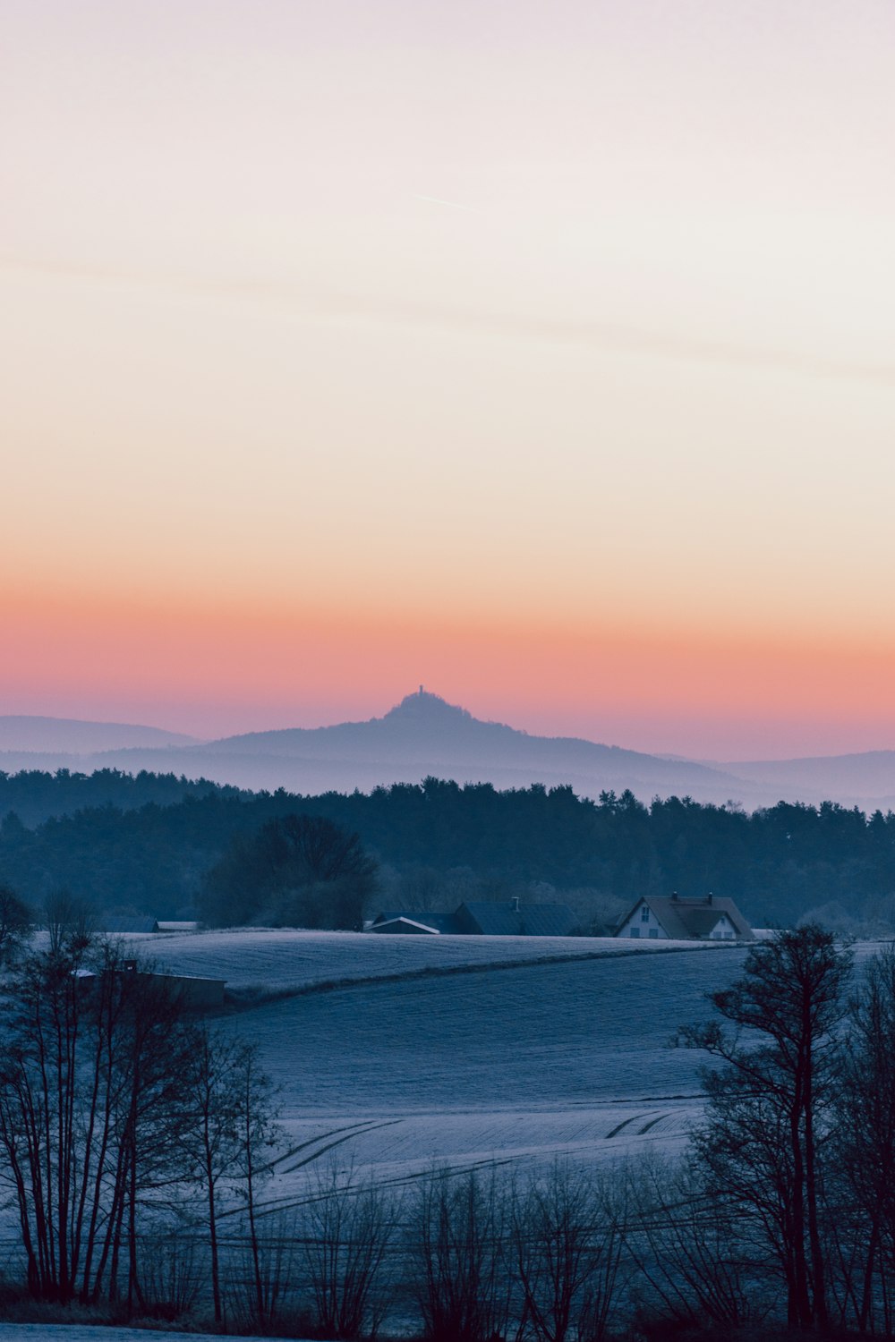 Schneebedecktes Feld und Bäume während des Sonnenuntergangs