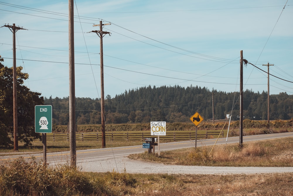 yellow and black road sign near green trees during daytime