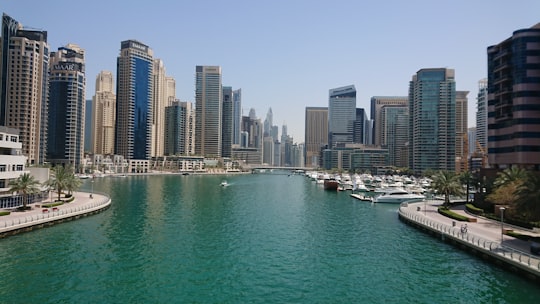 white and black boat on body of water near city buildings during daytime in Dubai Marina Walk - Emaar United Arab Emirates