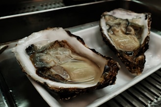 Two large oysters resting on a white plate, showcasing their intricate textured shells. The oysters appear fresh and glistening, reflecting light from the surrounding environment.