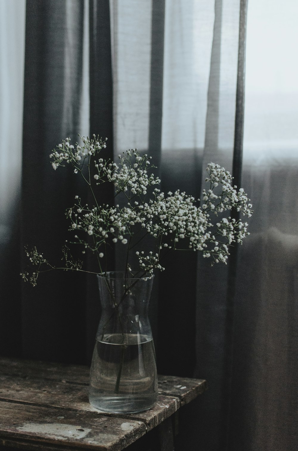 white flowers in clear glass vase