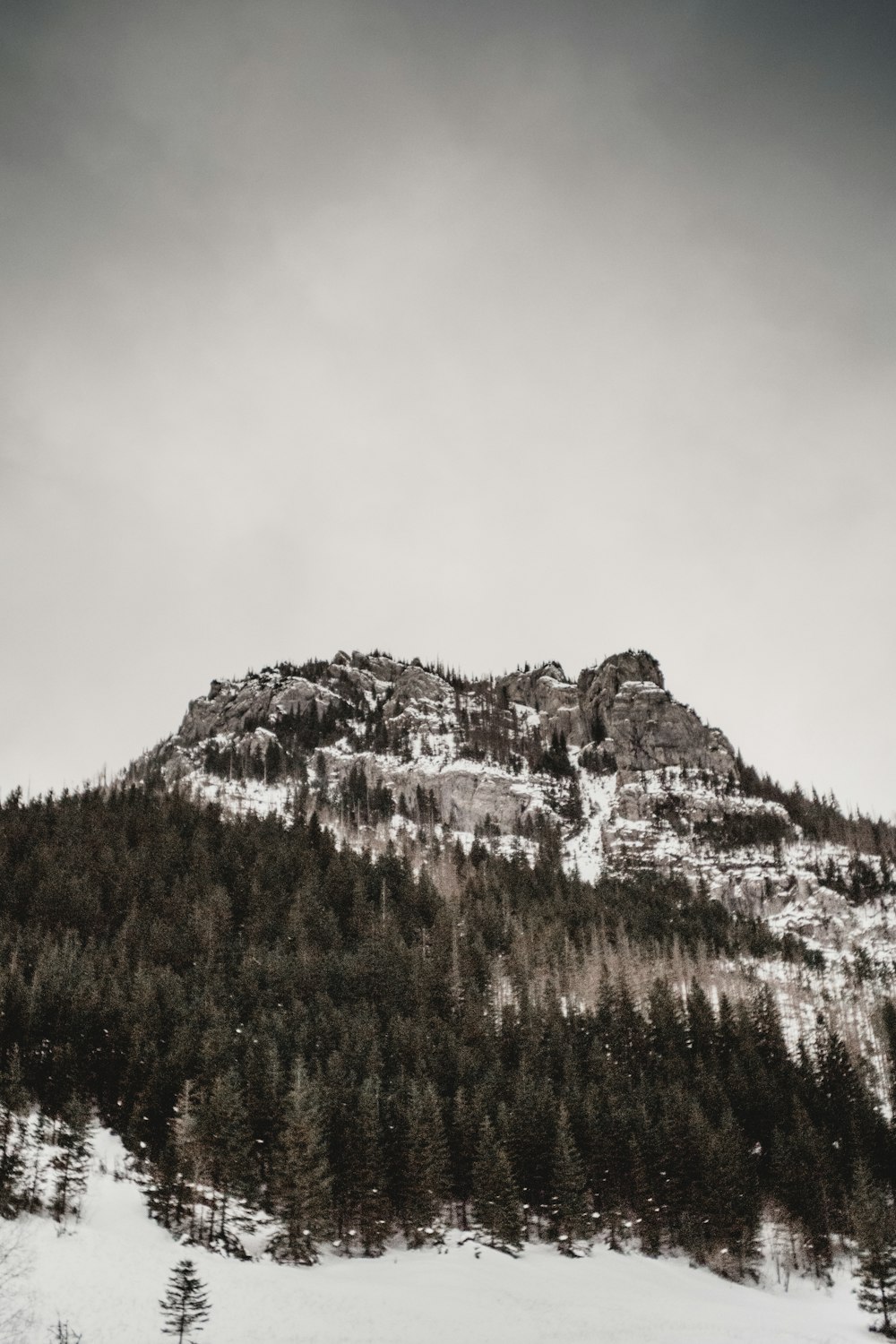 snow covered mountain under cloudy sky