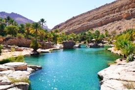 A serene oasis featuring turquoise water surrounded by rocky cliffs and lush palm trees. The landscape includes rugged hills in the background and a clear blue sky overhead. The water appears calm, with light reflections creating a sparkling effect.