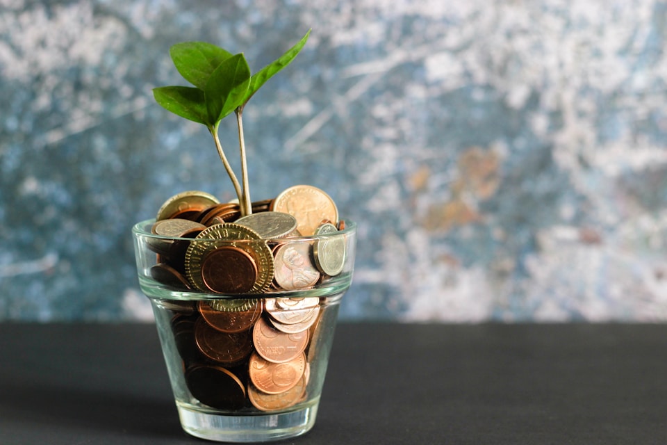 Coins and notes arranged beside a household budget notebook