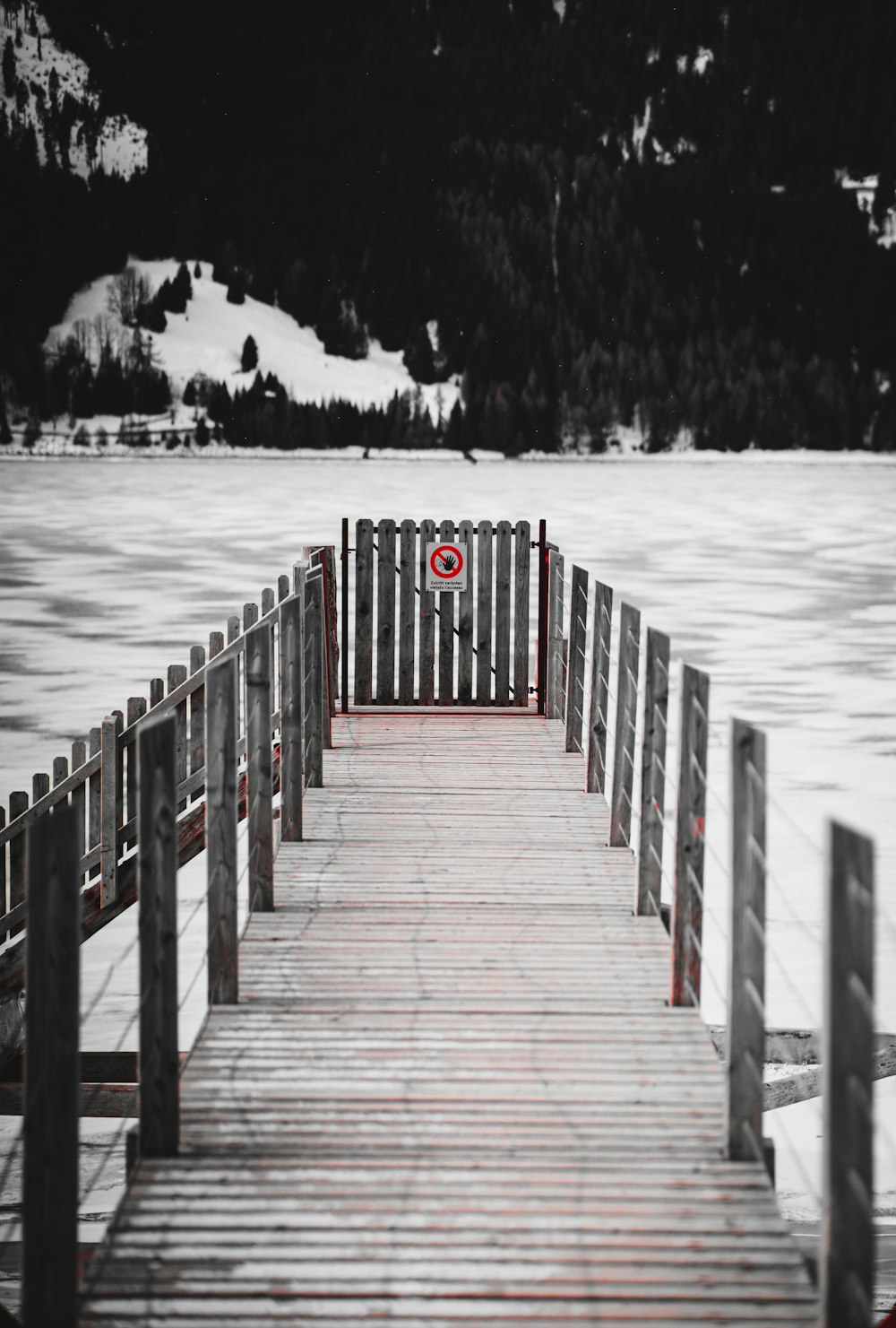 brown wooden dock on snow covered ground