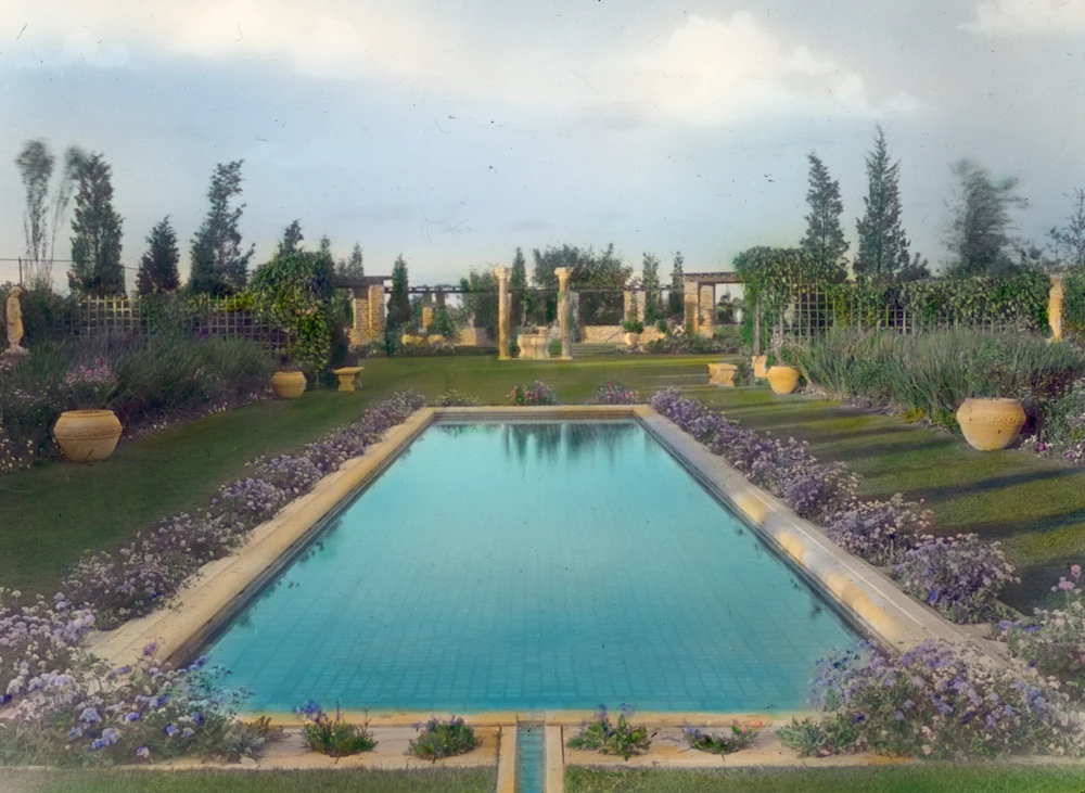 Formal garden with long pool and lavender