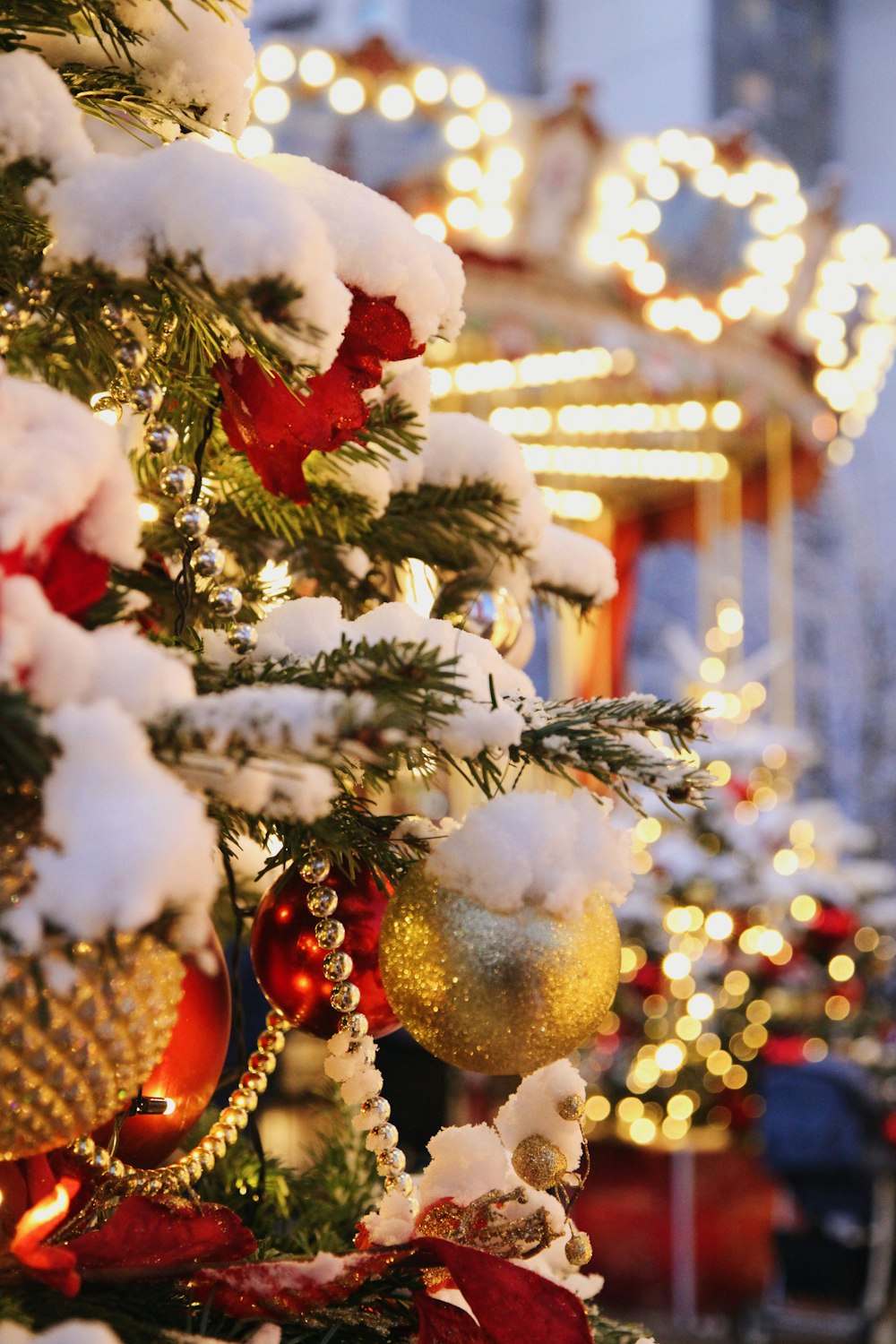 gold and red baubles on christmas tree