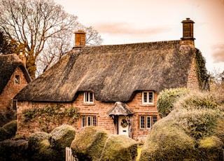 Cotswold cottage, front door, shaped hedges, garden gate, thatched roof, stone, tree, old