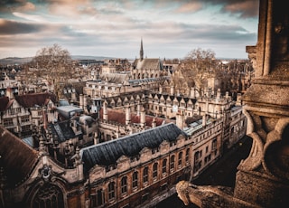 View from the University Church of St Mary the Virgin, opposite the Radcliffe Camera in Oxford. Bird's eye view of the city of dreaming spires.