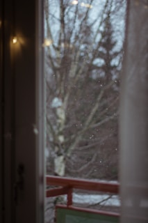 A peaceful snow-covered window view with gentle snowfall outside, evoking calm and quiet.