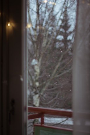 A peaceful snow-covered window view with gentle snowfall outside, evoking calm and quiet.