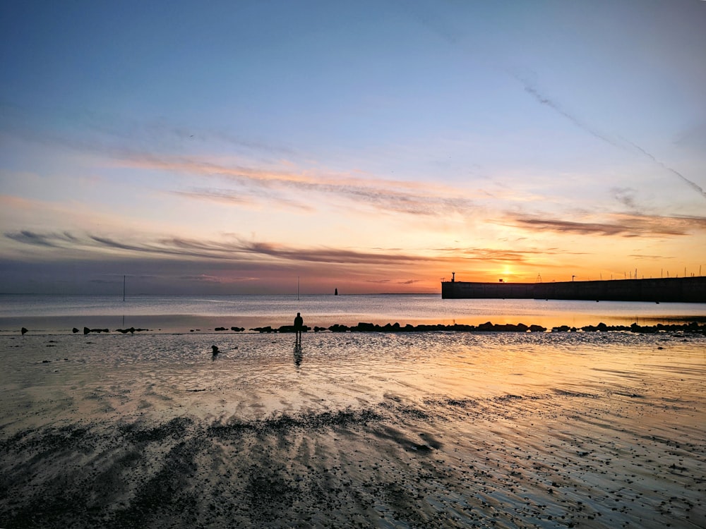 people walking on beach during sunset