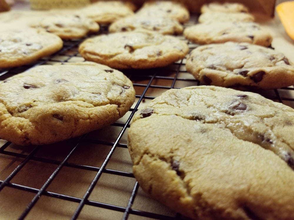 brown cookies on white and blue checkered textile