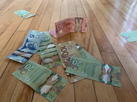 10 and 20 banknotes on brown wooden floor