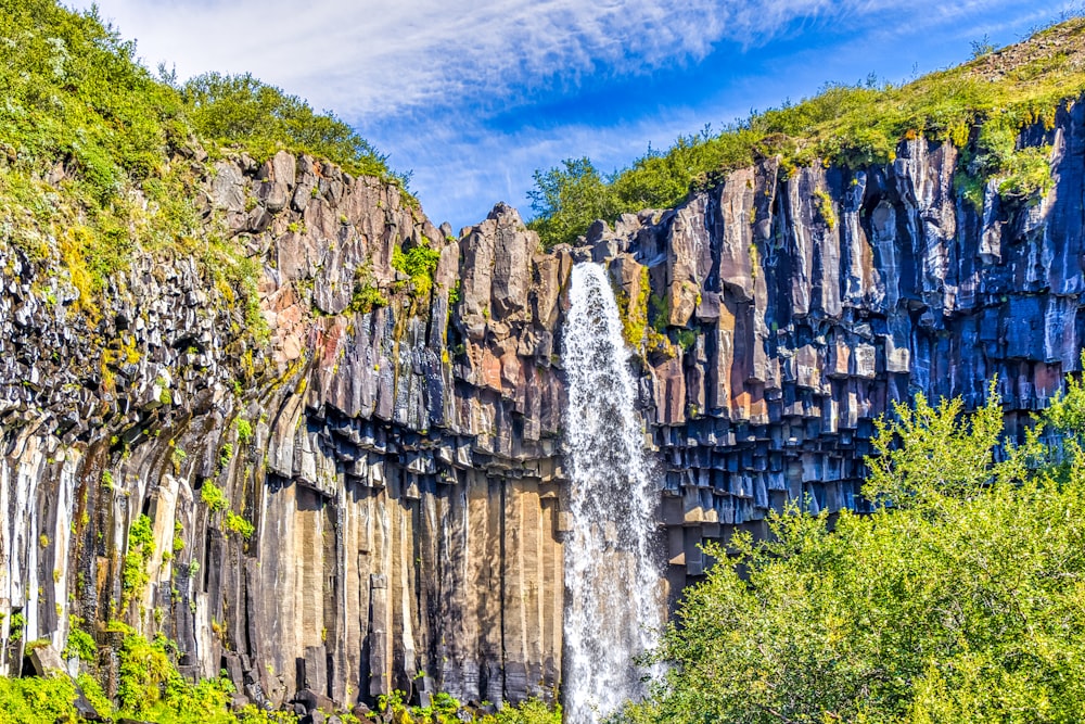 waterfalls in between green trees under blue sky during daytime