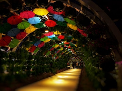 A vibrant tunnel decorated with colorful umbrellas hanging from above, creating a whimsical scene. The tunnel is lined with lush green plants, and a well-lit path runs down the middle, guiding the way. A few people are seen walking along the pathway.