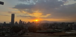 A snapshot of Carl outdoors, gazing at a city skyline during golden hour.