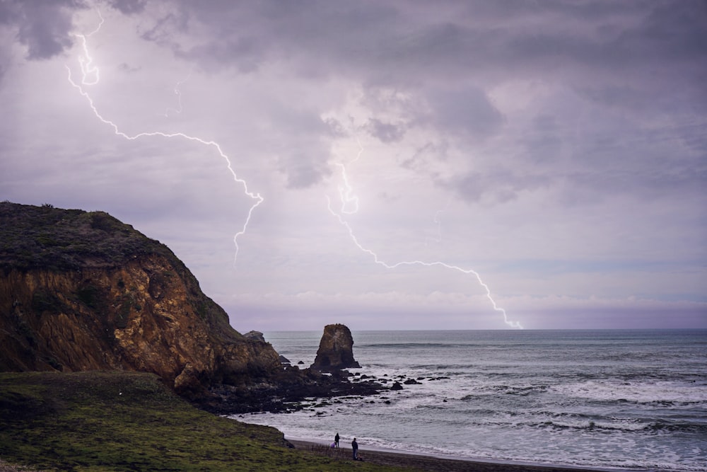 person sitting on rock near sea under cloudy sky during daytime