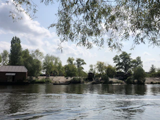 A tranquil riverside plot bordered by tall trees and calm water reflecting the sky.