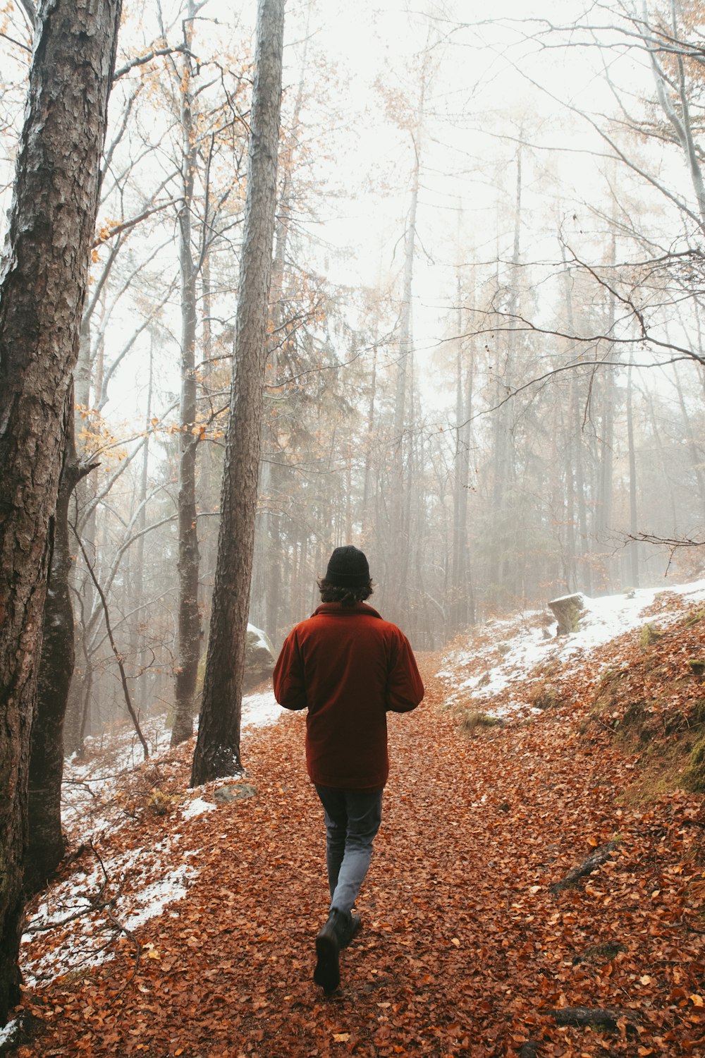 man in red hoodie standing on brown dried leaves covered ground in forest during daytime