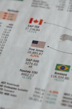 A close-up view of a financial newspaper page showing stock index performance. It includes flags indicating countries such as the United States, Canada, and Brazil alongside their respective stock indices like Dow Jones and S&P 500. Figures show numerical values and percentage changes, some in red indicating a decrease and some in green for an increase.