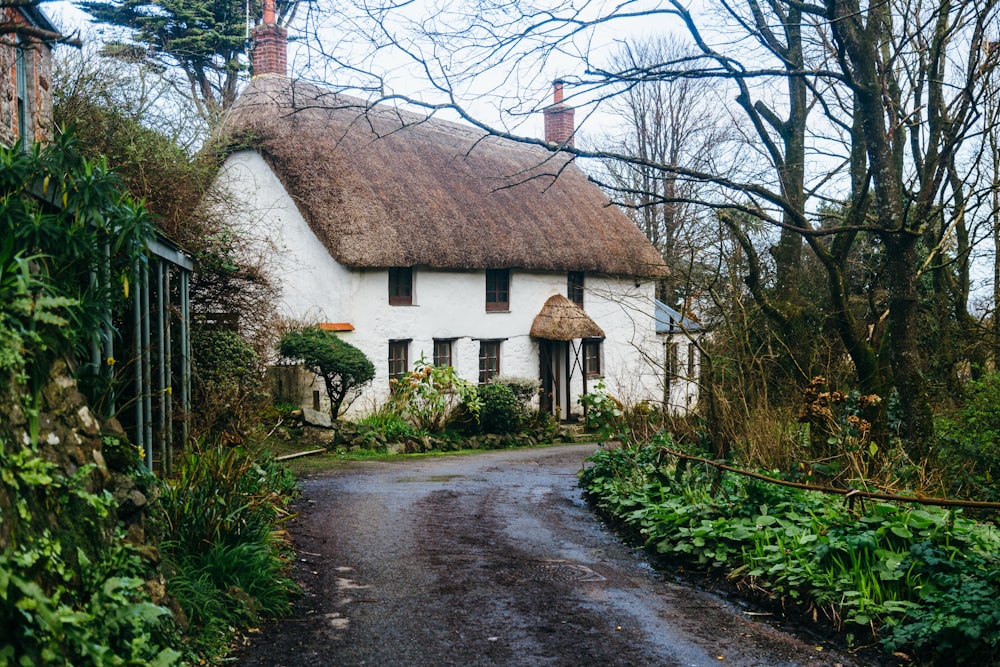 Maison blanche et brune près des arbres