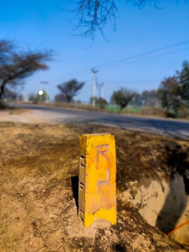 A yellow milestone is prominently located by the side of a rural road. The milestone has the letters 'RJI' painted on it in red. Surrounding the milestone, the terrain is sandy and earthy. In the background, the road extends into the distance, flanked by bare trees and some greenery under a clear blue sky.