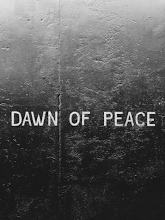 Text 'DAWN OF PEACE' appears in white on a dark, textured wall with a vertical seam. The surface is uneven, featuring rough patches and varying shades of gray and black.