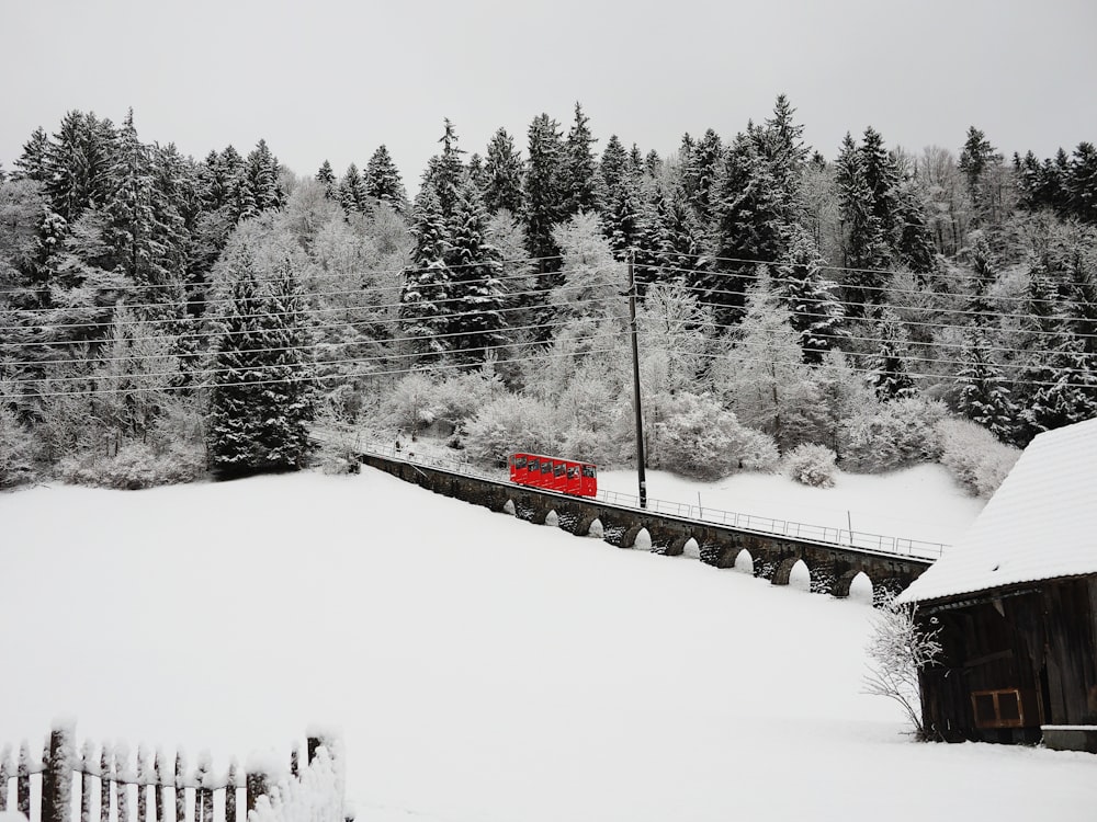 red train on rail covered with snow