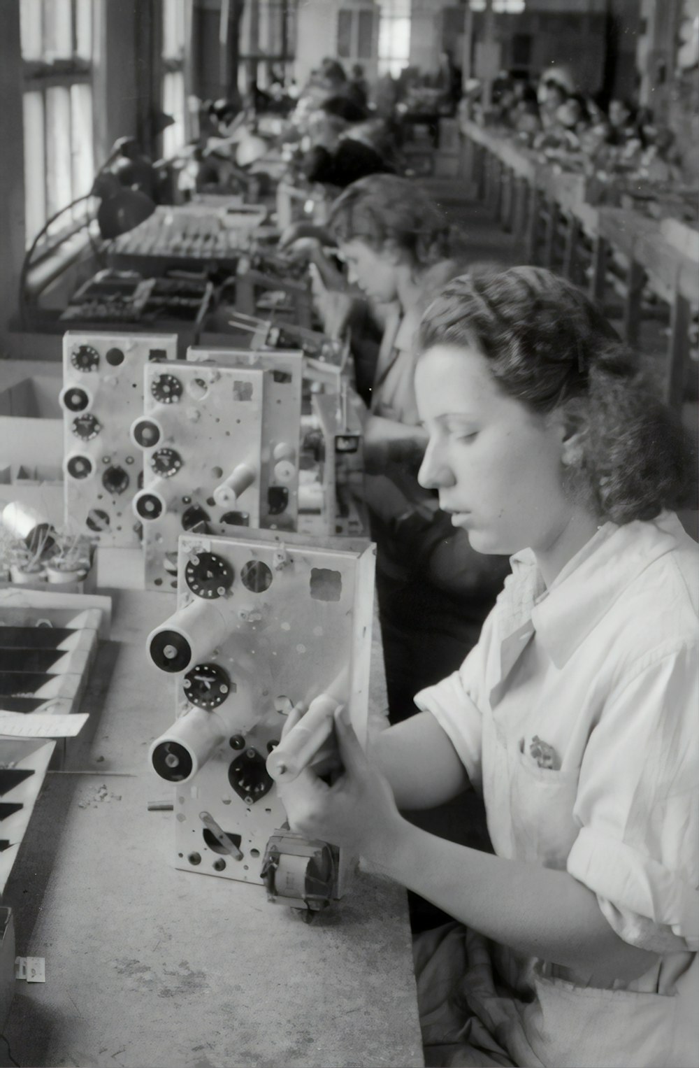 grayscale photo of woman in white shirt