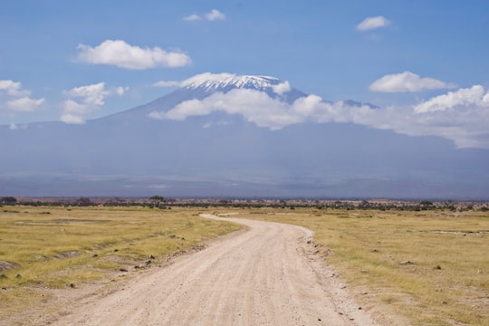 brown dirt road near green grass field under white clouds and blue sky during daytime in Amboseli Kenya
