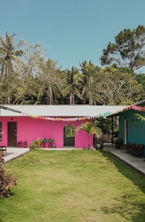 A vibrant outdoor space with a lawn bordered by a pink and a blue building. Colorful triangular pennant banners are strung between the buildings. Lush green trees and palm trees form a backdrop under a clear sky.