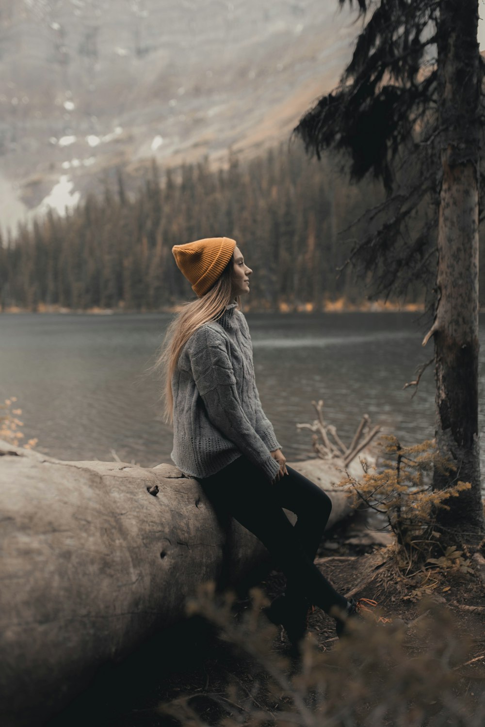 woman in gray sweater and black pants sitting on brown log near body of water during