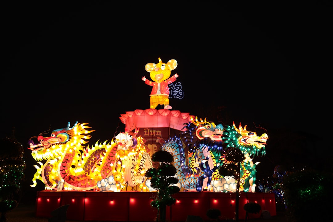 yellow and red lighted dragon decor