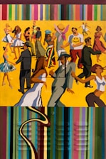 man in blue and white jacket and blue denim jeans standing beside woman in yellow dress