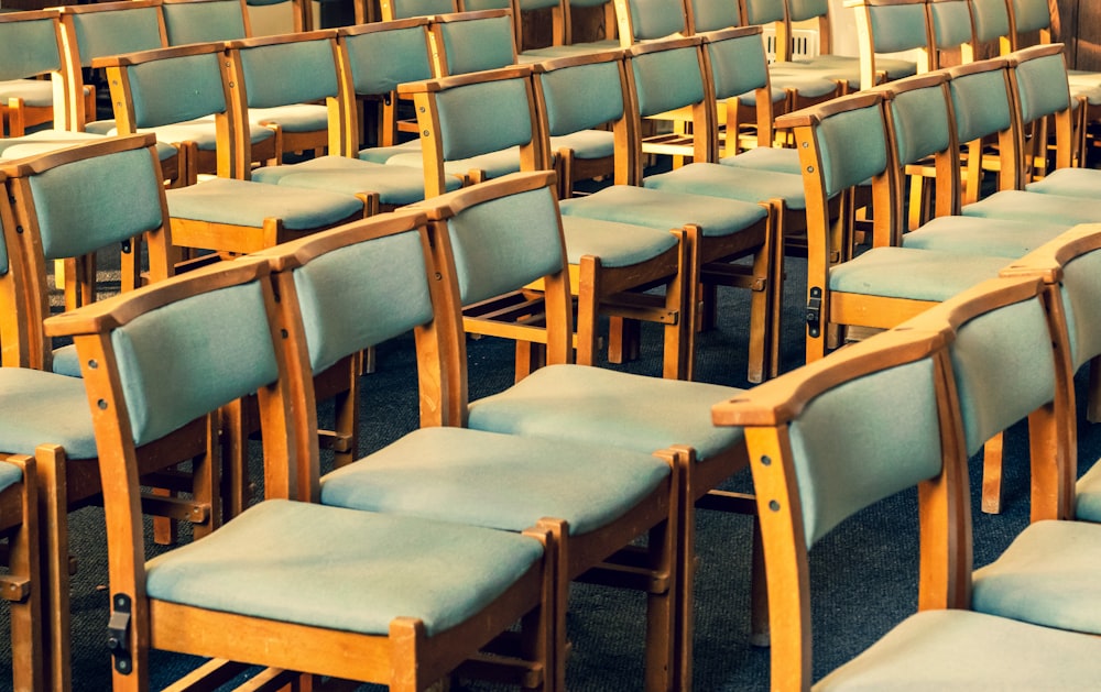 blue padded brown wooden chairs