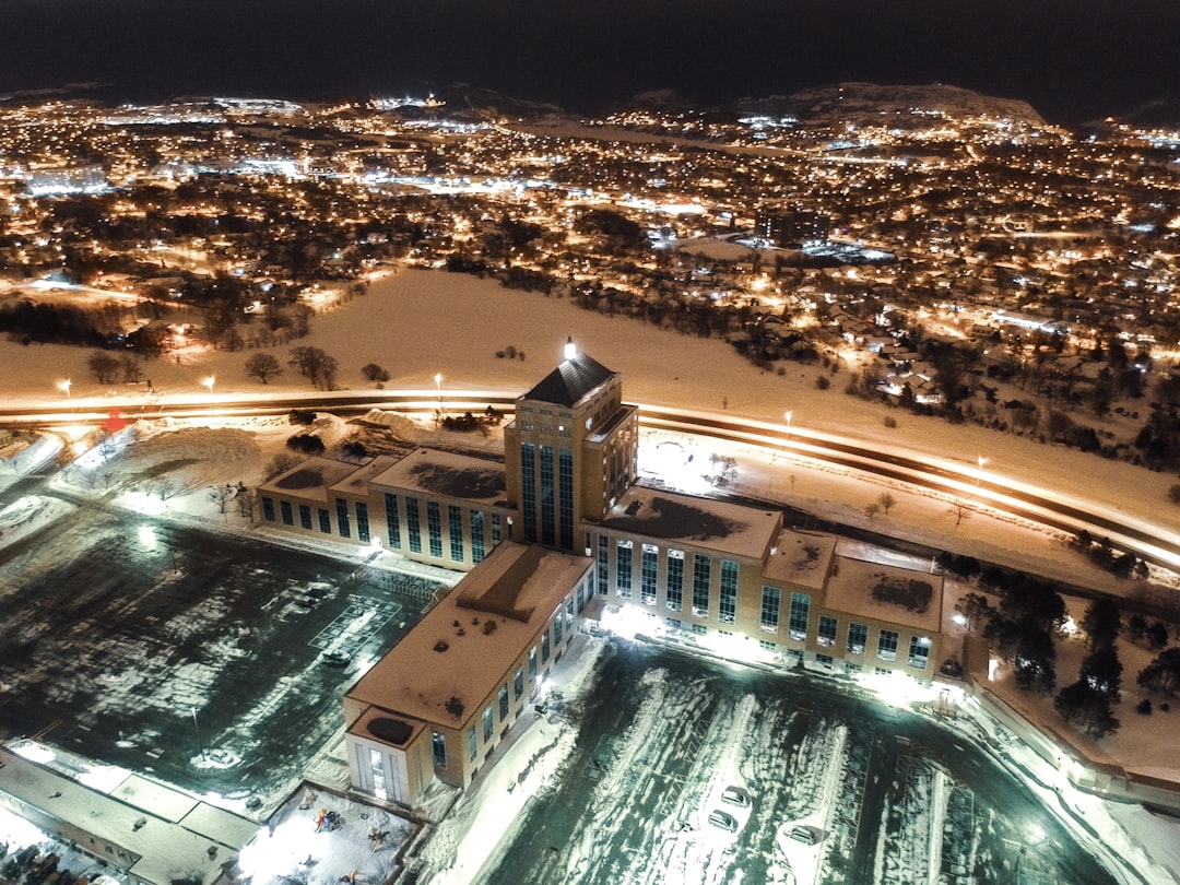 aerial view of city buildings during night time