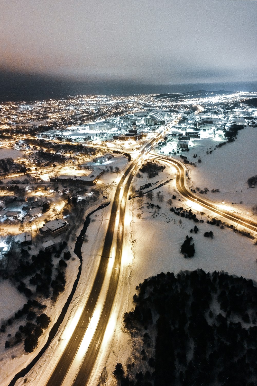 aerial view of city during night time