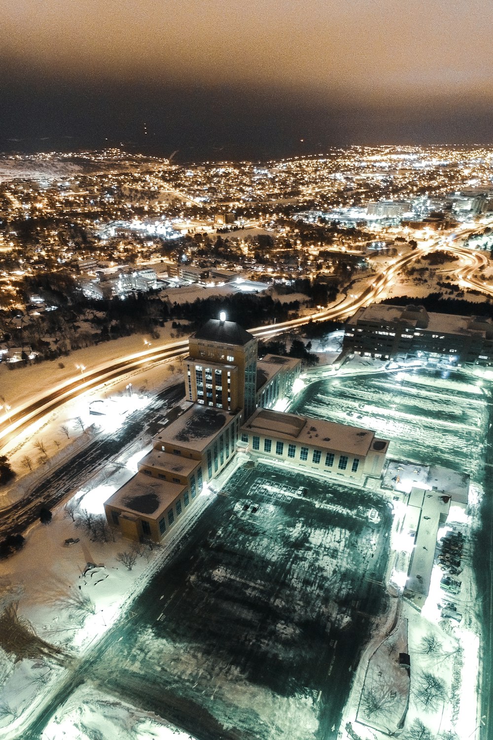 aerial view of city during night time