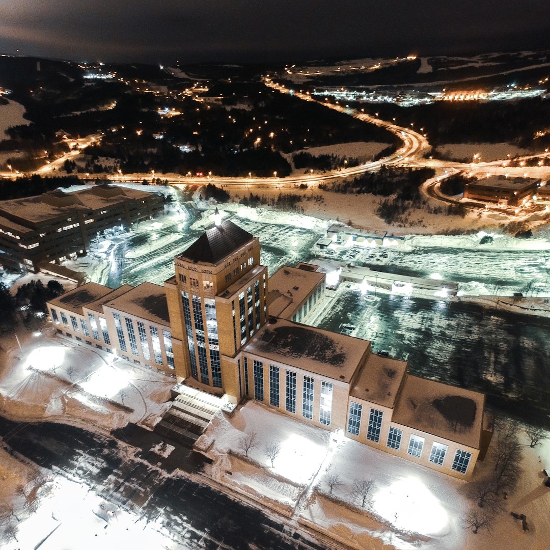 aerial view of city buildings during night time