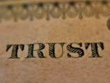 The word 'TRUST' is prominently displayed on a textured beige surface, featuring intricate, dark, serif typography. Above the word, there is a decorative pattern consisting of interlocking loops and circles, resembling ornamental engraving typically found on paper currency.