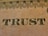 The word 'TRUST' is prominently displayed on a textured beige surface, featuring intricate, dark, serif typography. Above the word, there is a decorative pattern consisting of interlocking loops and circles, resembling ornamental engraving typically found on paper currency.