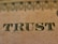The word 'TRUST' is prominently displayed on a textured beige surface, featuring intricate, dark, serif typography. Above the word, there is a decorative pattern consisting of interlocking loops and circles, resembling ornamental engraving typically found on paper currency.