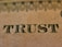 The word 'TRUST' is prominently displayed on a textured beige surface, featuring intricate, dark, serif typography. Above the word, there is a decorative pattern consisting of interlocking loops and circles, resembling ornamental engraving typically found on paper currency.