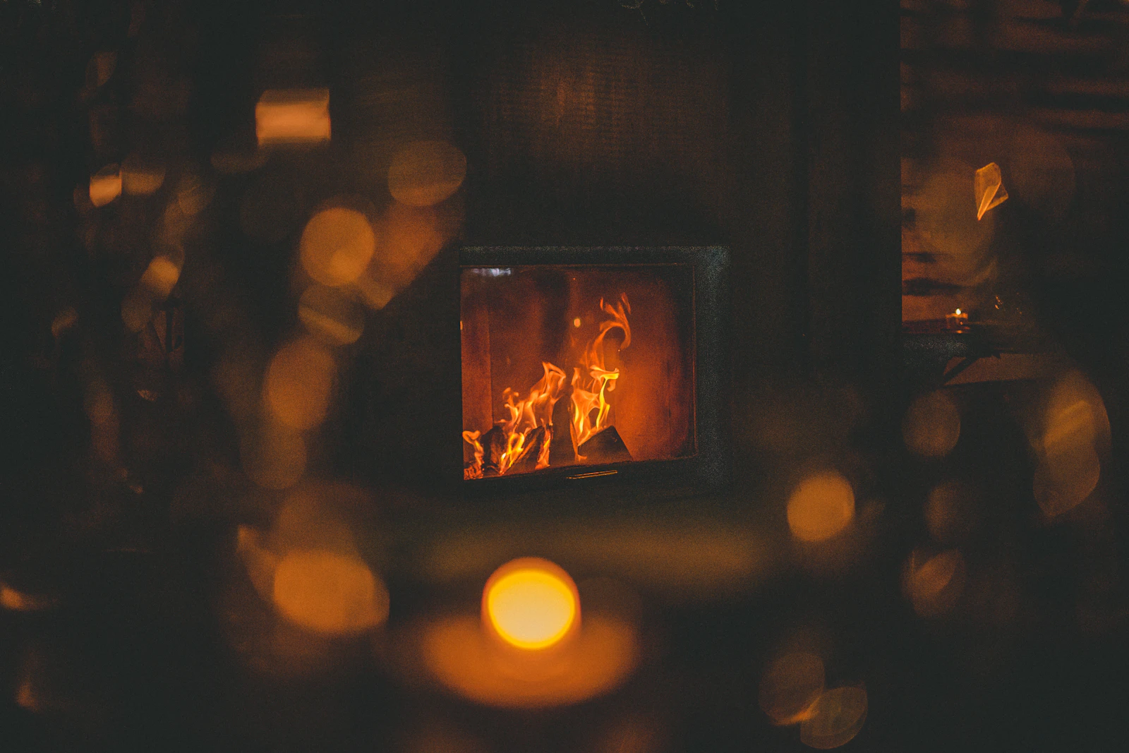 Chalet restaurant glowing by firelight