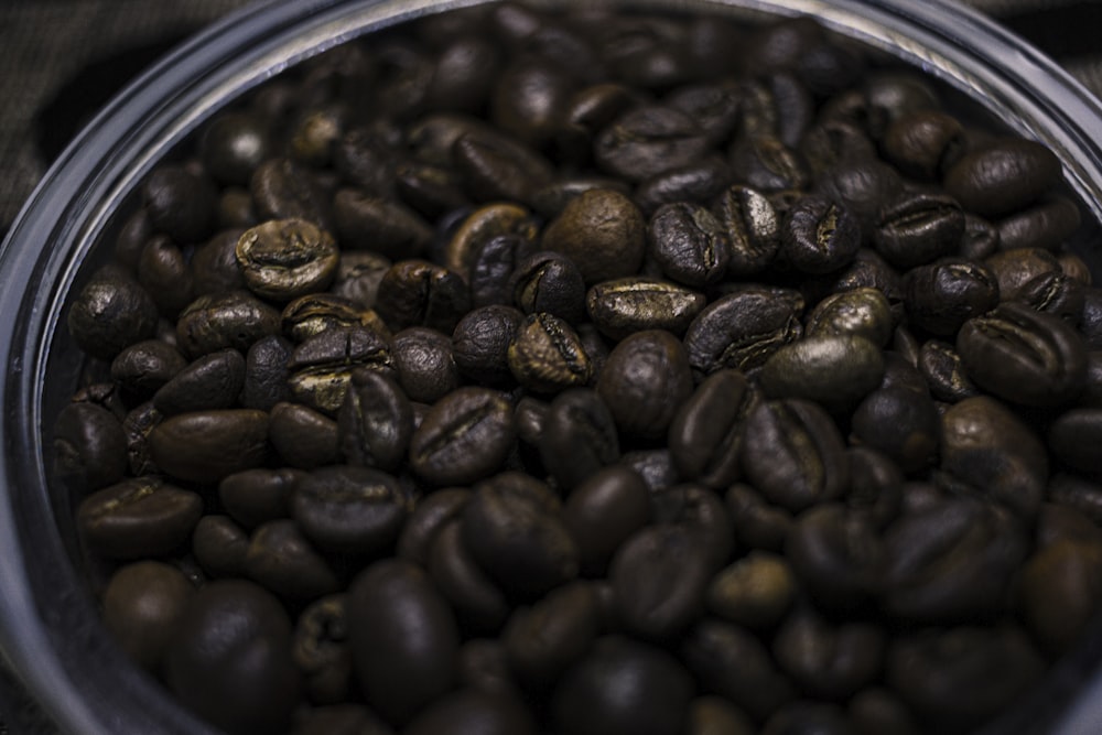 black coffee beans on blue ceramic bowl