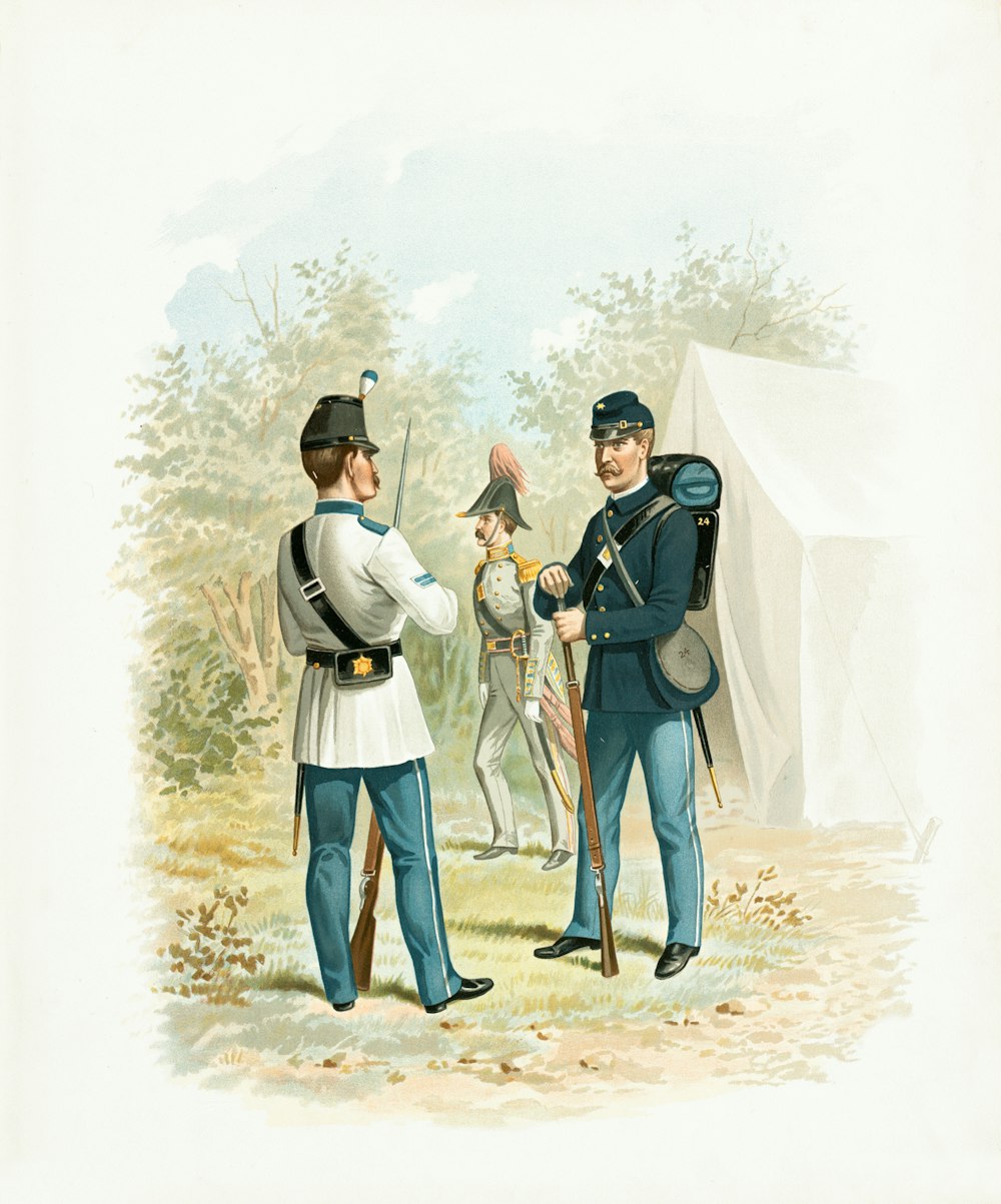 흰 긴 소매 셔츠를 입은 남자가 검은 모자를 쓴 남자 옆에 서 있다