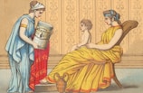 An illustrated scene featuring two women and a child in ancient-style clothing. One woman is seated, holding the child on her lap, while the other woman stands, extending a large container labeled 'milk food' towards them. The setting appears decorative with a patterned background.