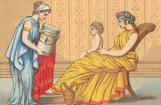 An illustrated scene featuring two women and a child in ancient-style clothing. One woman is seated, holding the child on her lap, while the other woman stands, extending a large container labeled 'milk food' towards them. The setting appears decorative with a patterned background.